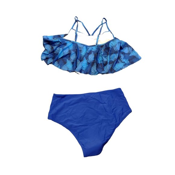 Womens Palm Print Ruffle Top Strappy Bikini with High waisted Bottom - XXL - NWT - Picture 4 of 9